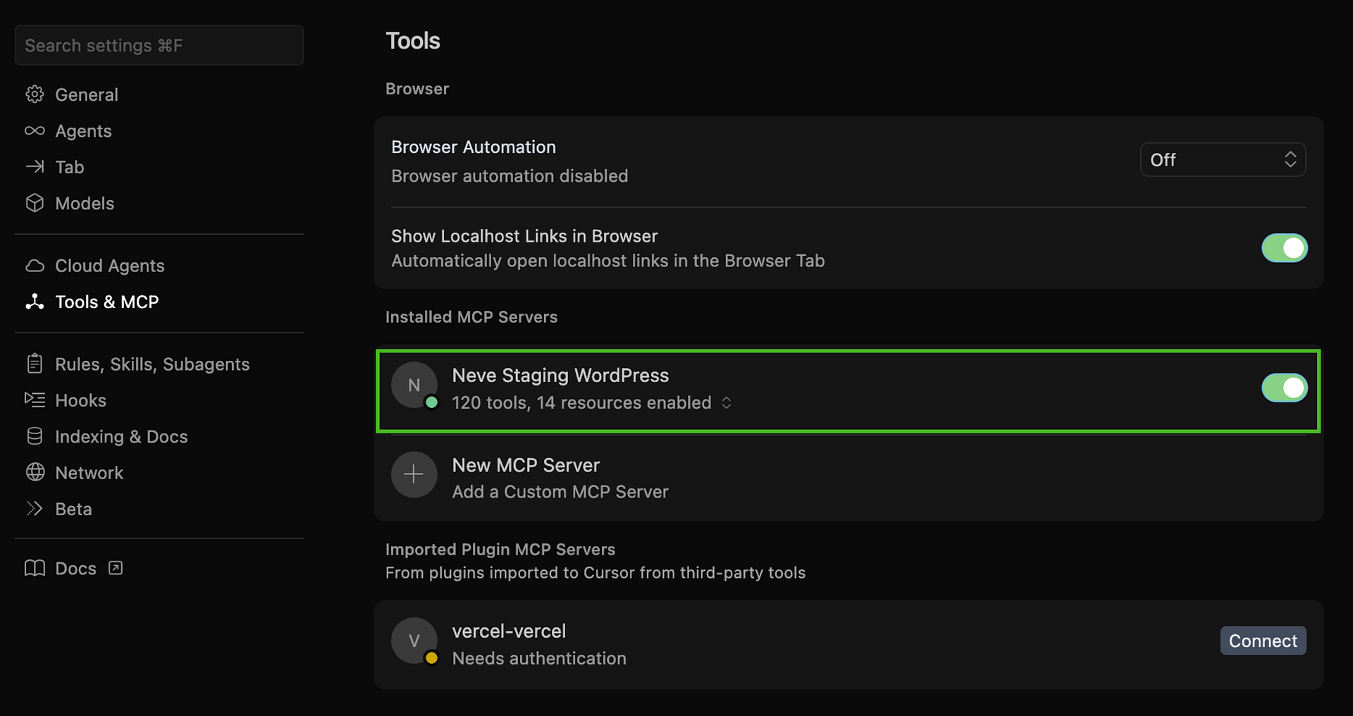 Cursor's MCP settings showing the wordpress server active with its tool list